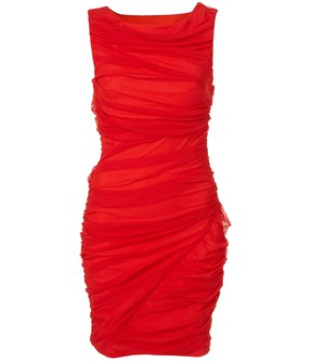  Dress Shoppe on Red Sleeveless Ruched Mesh Bodycon Dress With High Neckline And Side